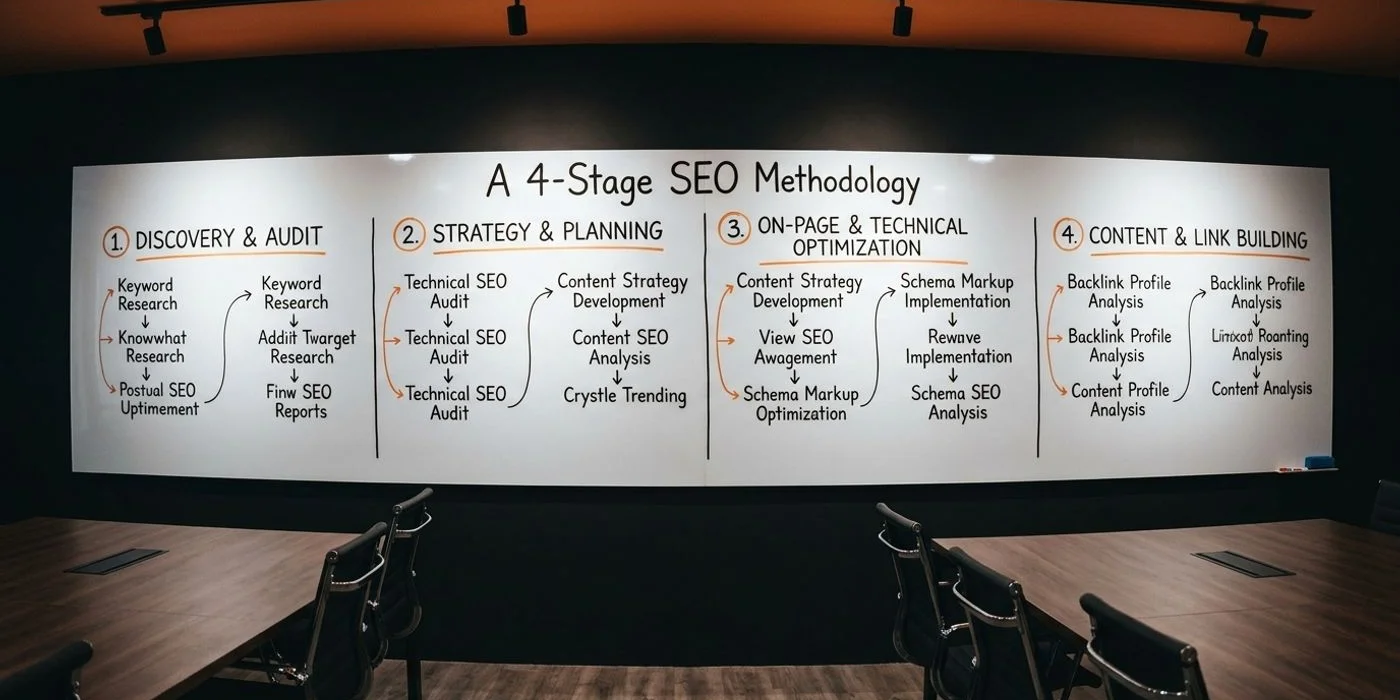 Adam SEO 4-Stage 9-Step Framework diagram covering audit, strategy, execution, and measurement stages for Malaysian SME SEO engagements