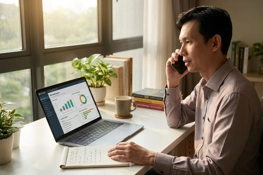 Adam SEO free discovery audit consultation call with a Malaysian business owner reviewing the proposed organic search growth plan on a laptop