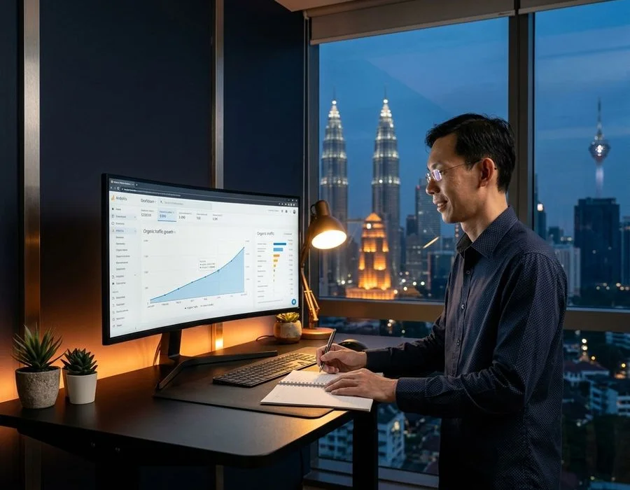 Senior SEO analyst at Adam SEO's Mont Kiara Kuala Lumpur office reviewing Google Search Console organic traffic growth for a Malaysian SME client
