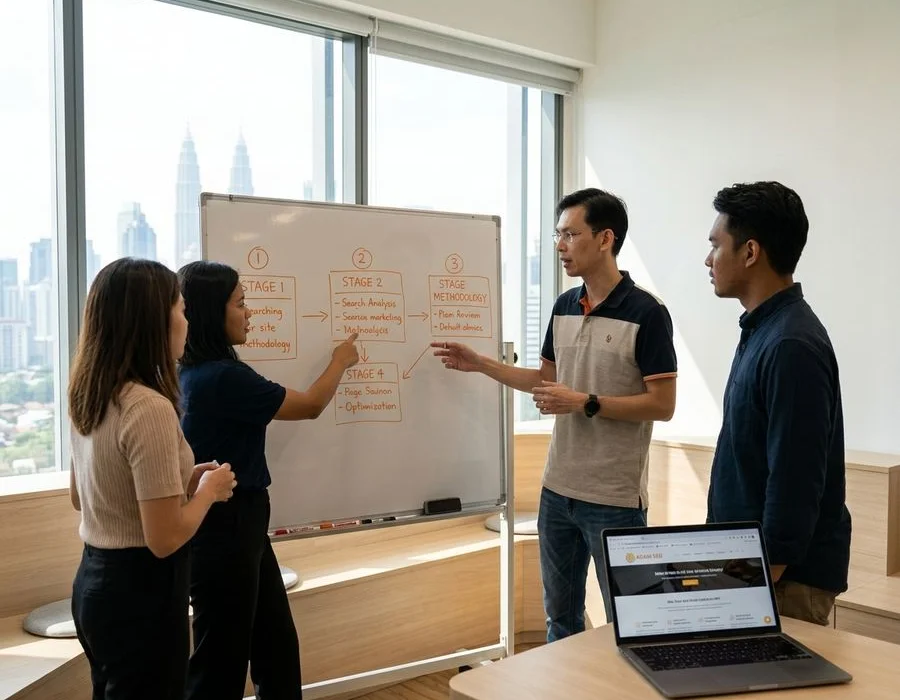Adam SEO team at the Mont Kiara Kuala Lumpur headquarters reviewing the 4-Stage / 9-Step SEO framework with a Malaysian business on the whiteboard