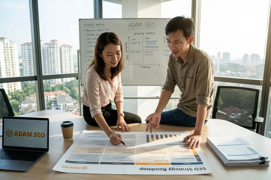 Adam SEO team strategy session at Mont Kiara Kuala Lumpur office reviewing the 4-Stage 9-Step SEO framework methodology on a whiteboard with a Malaysian client