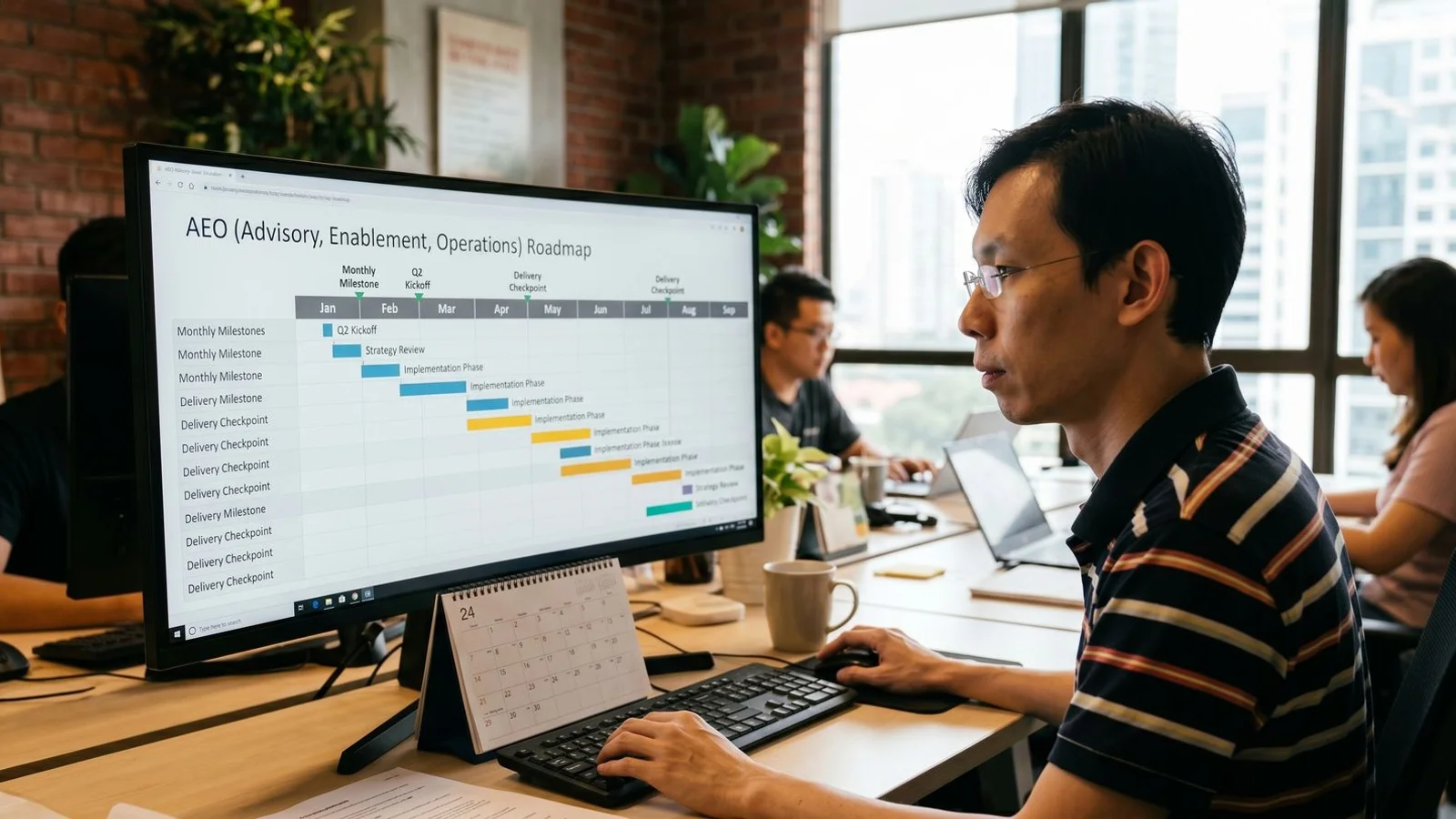 AI search strategy timeline with month-by-month milestones for entity, schema, content, and citation tracking