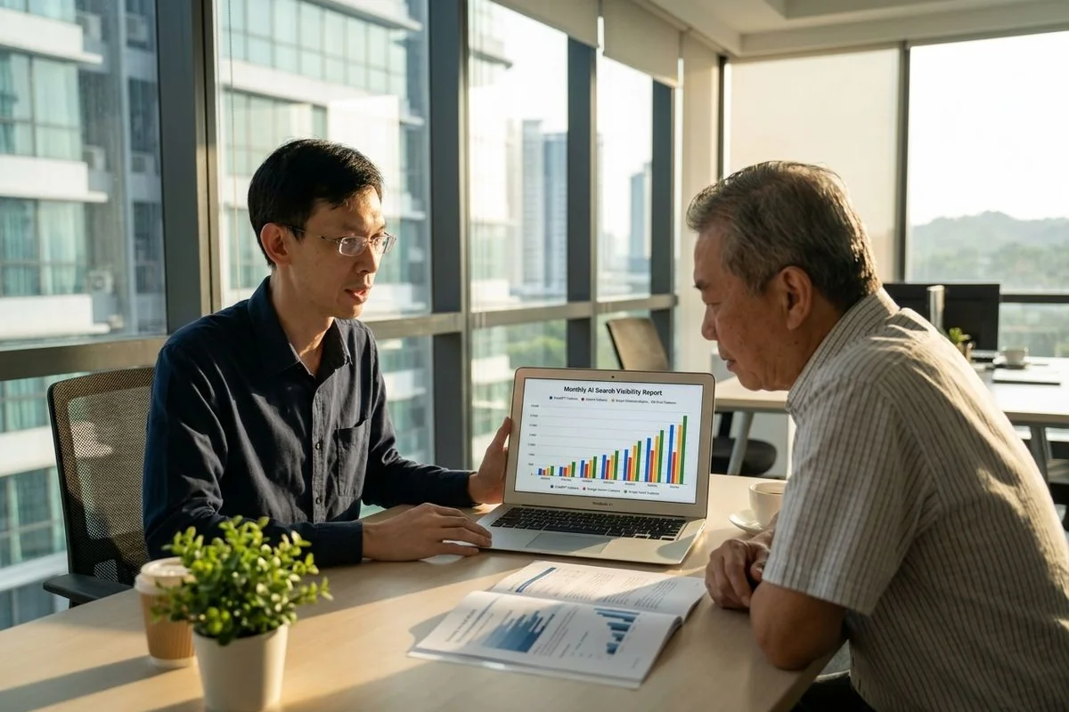 AI search visibility dashboard monthly report showing Malaysian brand citations in Google SGE, ChatGPT, Perplexity, and Gemini with a growth trend line