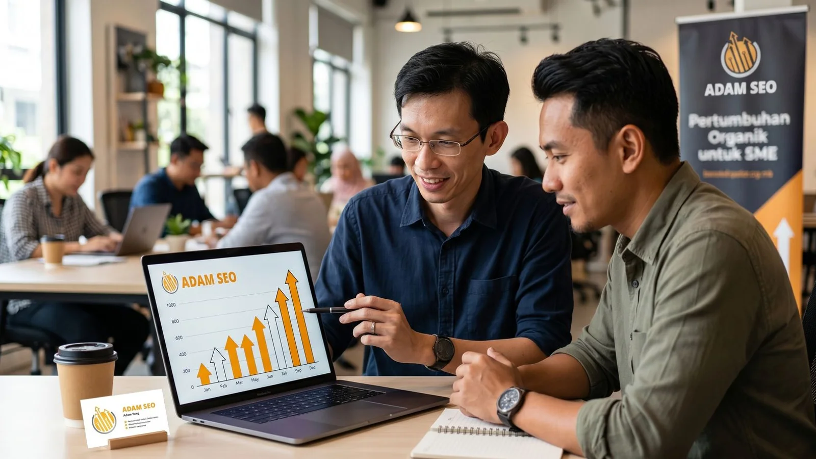 Dashboard showing organic revenue growth from RM 80,000 to RM 307,000 monthly over a 10-month Adam SEO engagement with a Malaysian SME client