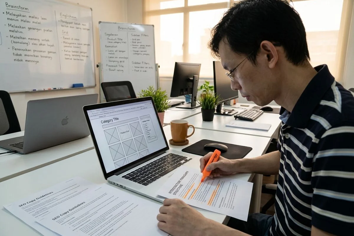 Category page SEO structure with introduction copy, product grid, and FAQ section driving organic traffic growth for a Klang Valley online store