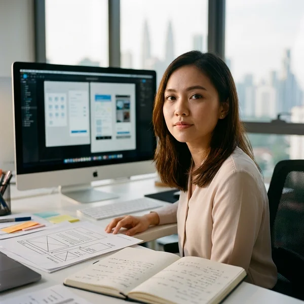 Cindy, Design Specialist at Adam SEO, reviewing a landing page CRO wireframe for a Malaysian client