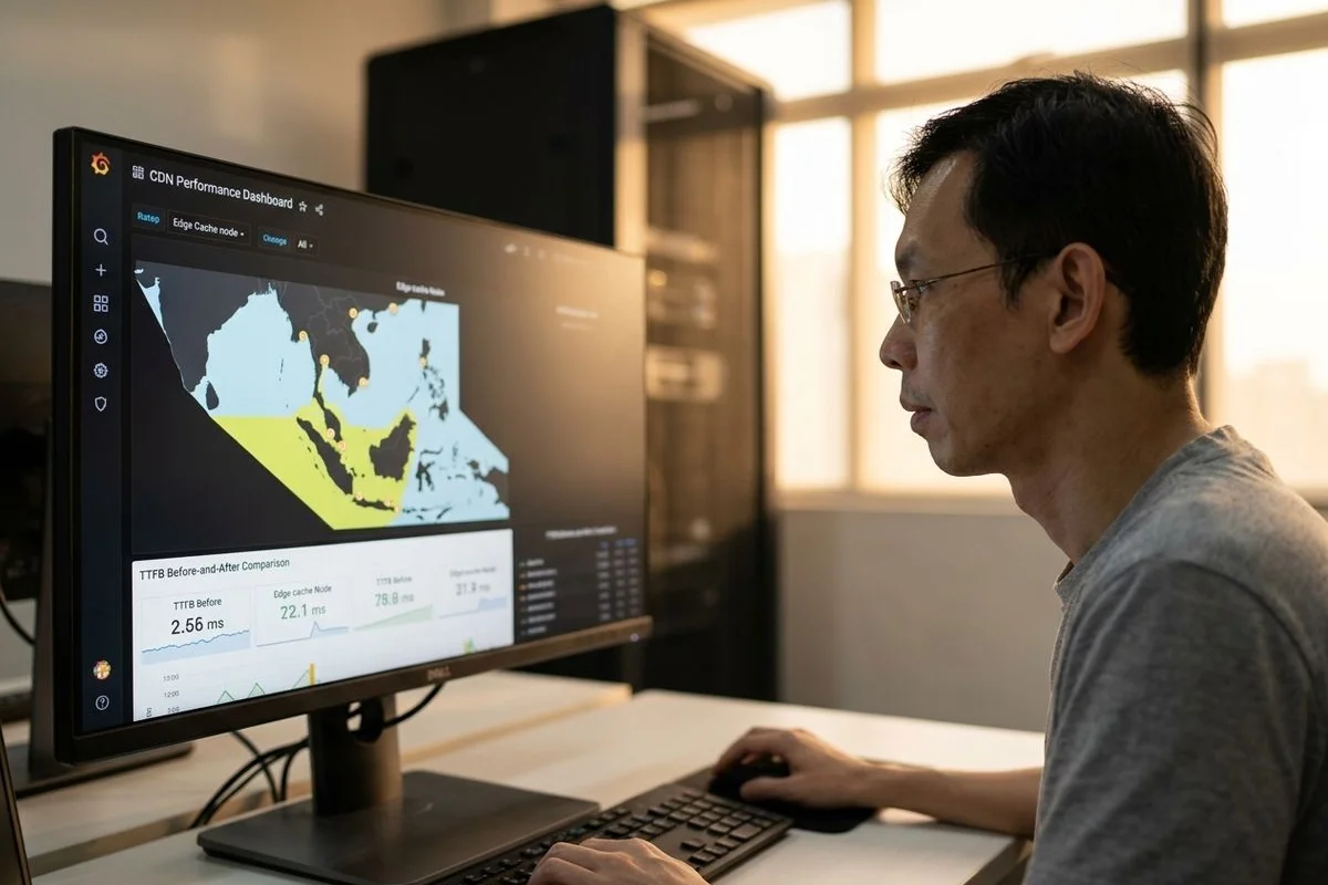 Cloudflare CDN hosting configuration showing SEA latency improvements and TTFB reduction for a Malaysian website via Singapore and Kuala Lumpur edge caches