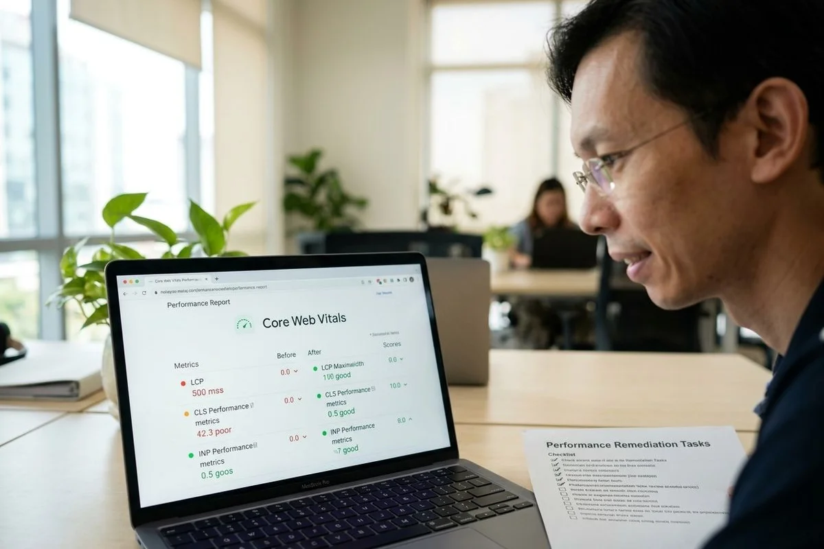 Core Web Vitals report showing Largest Contentful Paint, Cumulative Layout Shift, and Interaction to Next Paint remediation for a Malaysian site's speed audit