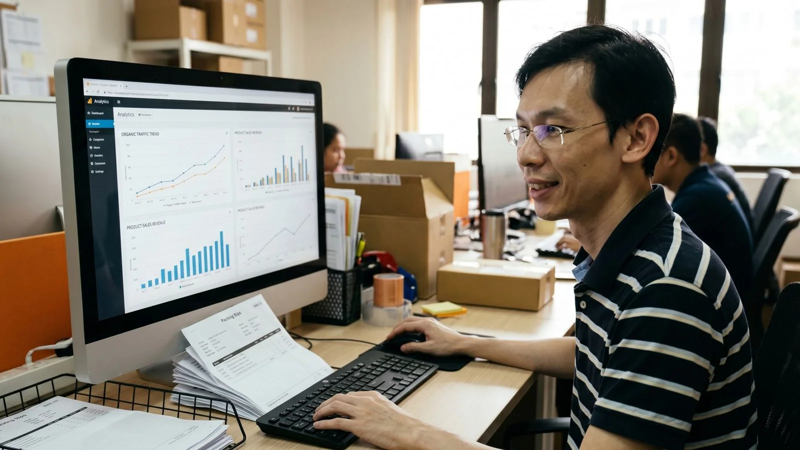 E-commerce SEO workspace showing a Shopify admin panel, product schema validator, and category page performance report for a Malaysian online store