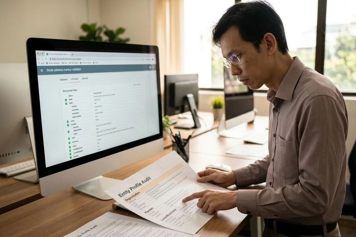 Entity profile and knowledge graph audit showing Organization and Person schema alignment with E-E-A-T author credibility signals