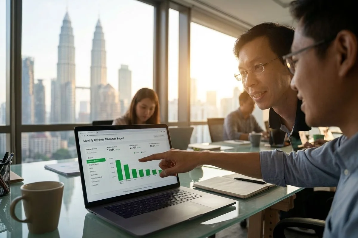 GA4 revenue attribution report for the organic search channel of a Malaysian e-commerce store showing average order value and conversion rate monthly growth