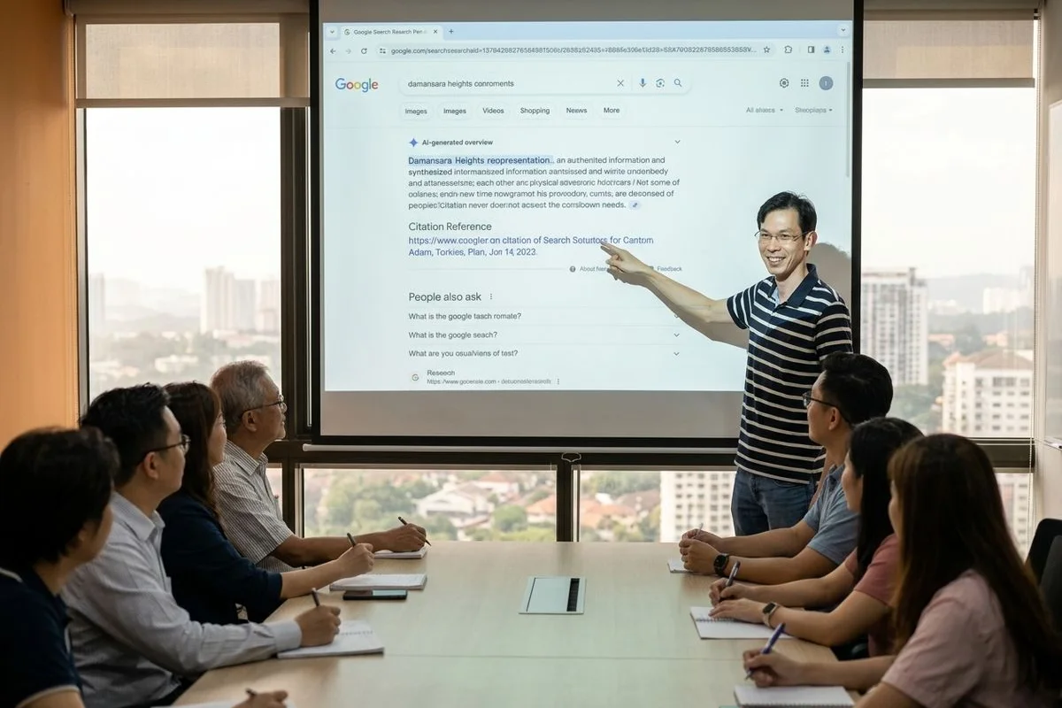 Google AI Overview SGE search result showing a Malaysian brand cited as a source reference in the AI-generated answer panel