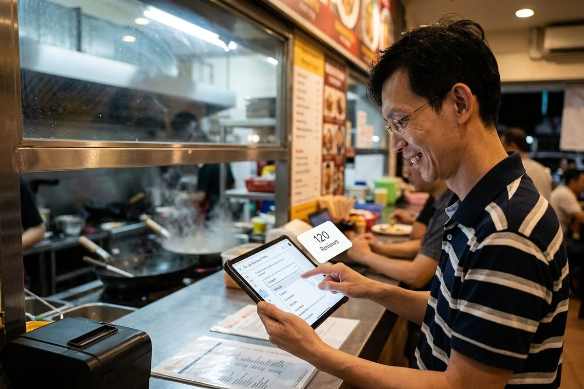 Google Business Profile category selection and review velocity dashboard for a Petaling Jaya restaurant undergoing a local SEO audit