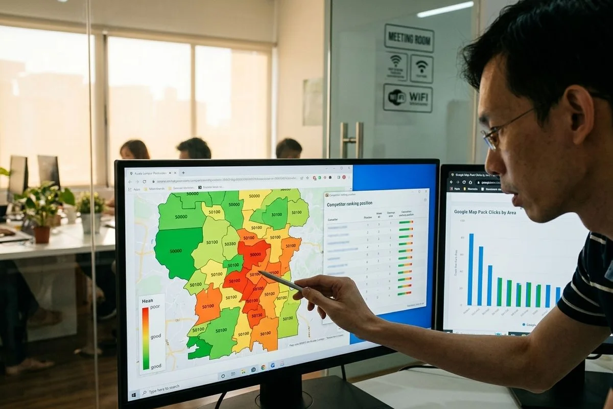 Google Maps local pack top 3 ranking results for Kuala Lumpur SEO agency queries shown on a proximity-prominence-relevance grid tracker