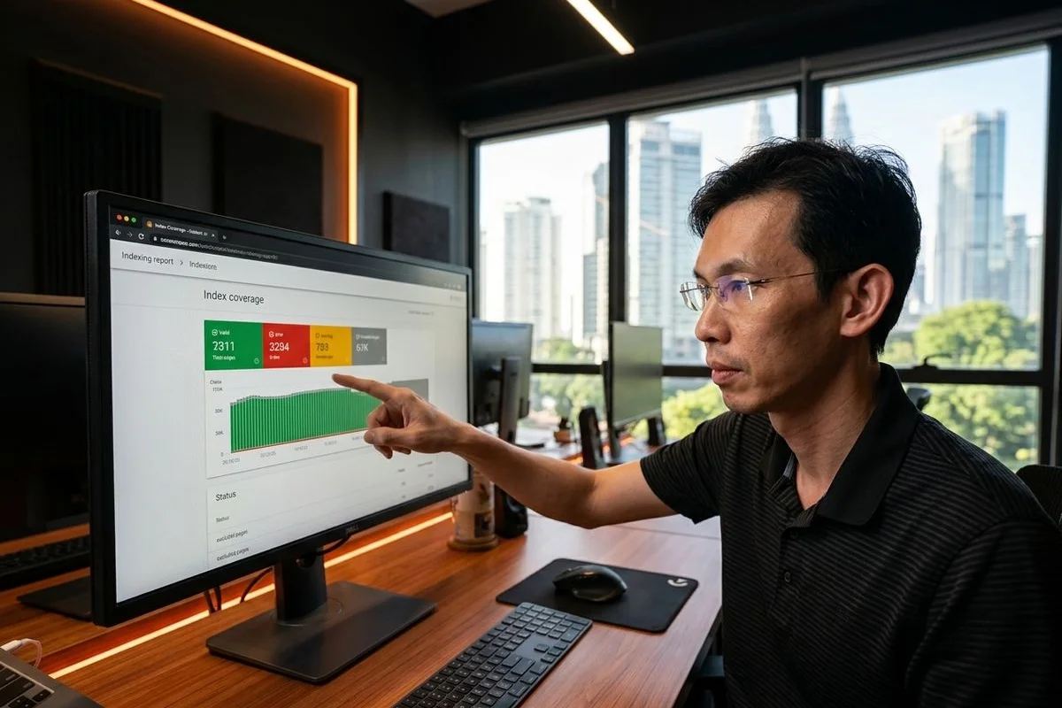Google Search Console index coverage report for a Malaysian website showing crawled-not-indexed, discovered, soft 404, and redirect error segments