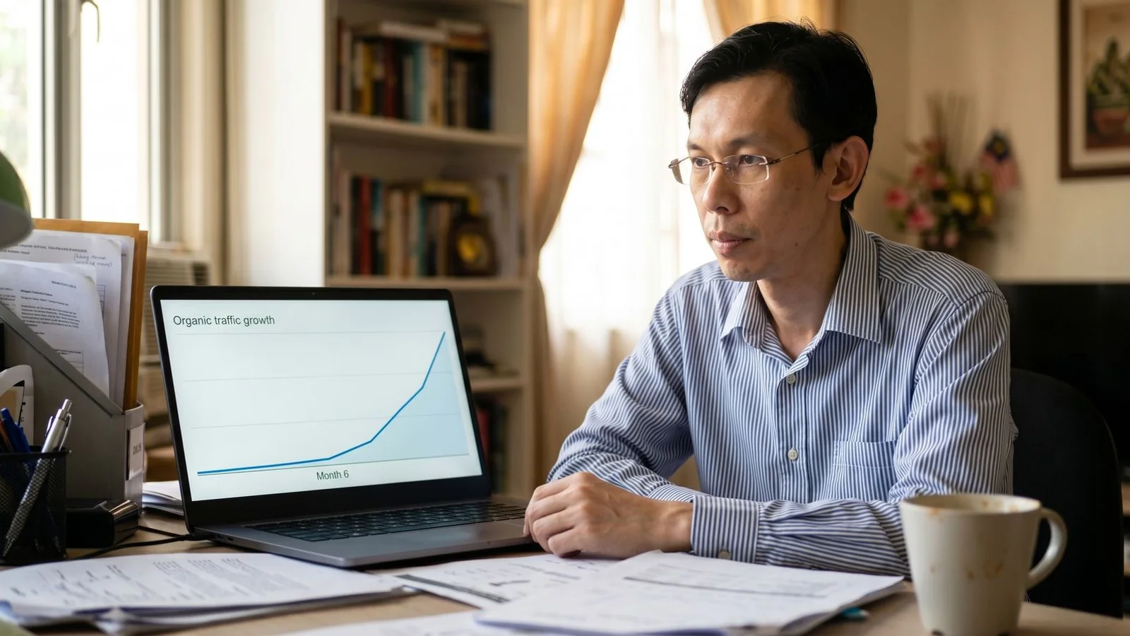 SEO ranking timeline chart showing the 3, 6, and 12-month curve for a Malaysian business investing in SEO