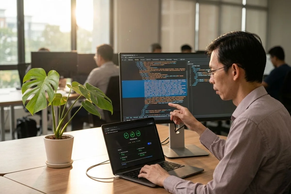 JavaScript rendering SEO audit output comparing pre-render and hydration Lighthouse performance scores for a Malaysian single-page app