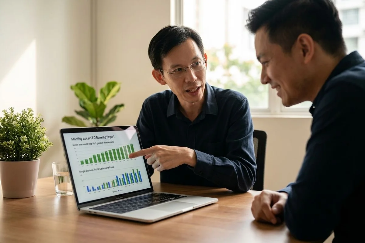 Monthly Map Pack ranking report and competitor benchmark showing Google Business Profile phone call growth month over month for a Klang Valley service business