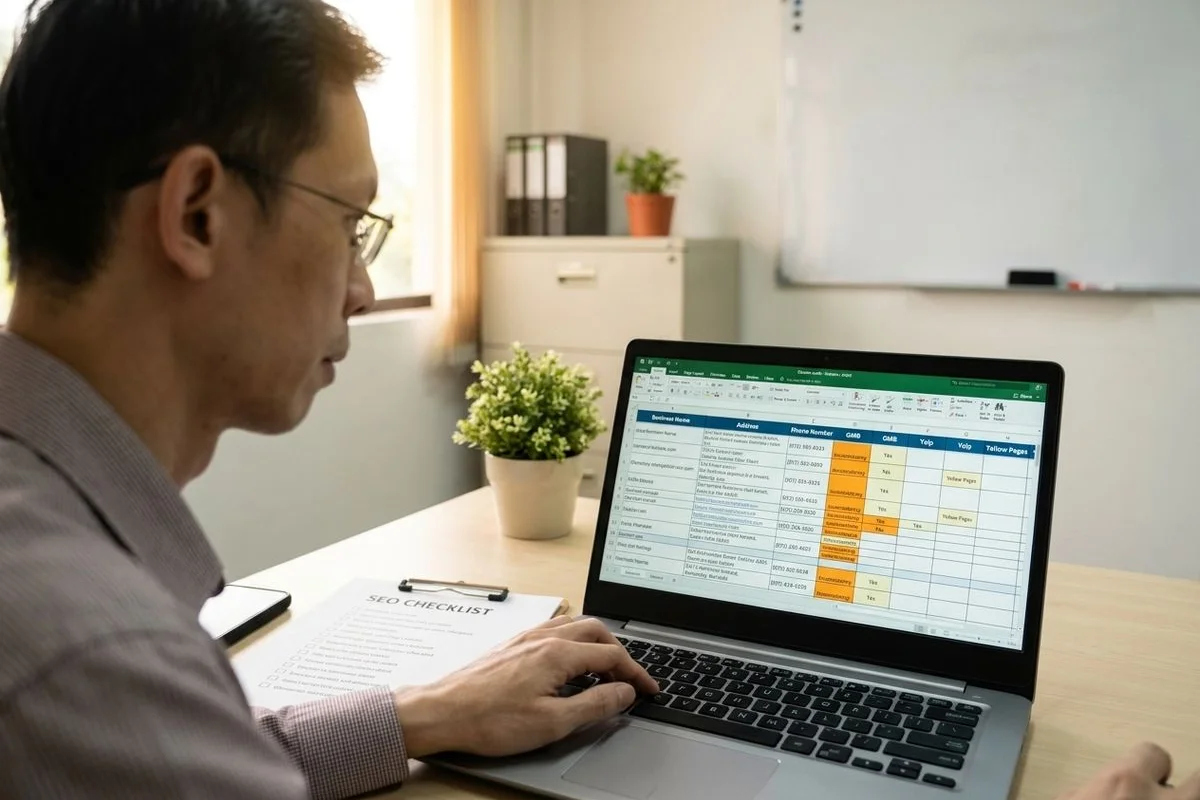 NAP citation consistency audit showing Yellow Pages Malaysia, StreetDirectory, Bing Places, and Foursquare directory listings for a Klang Valley business