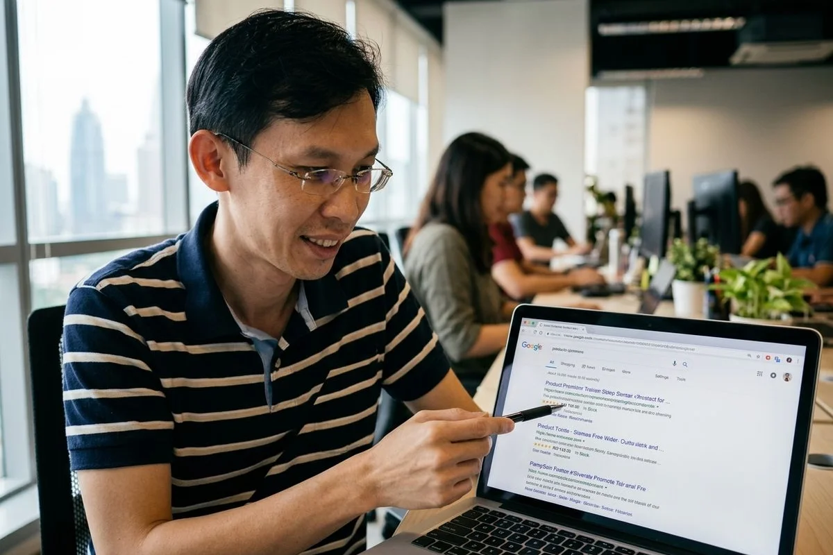 Google search rich result snippet showing product schema markup with five-star reviews, price, and availability for a Malaysian e-commerce store