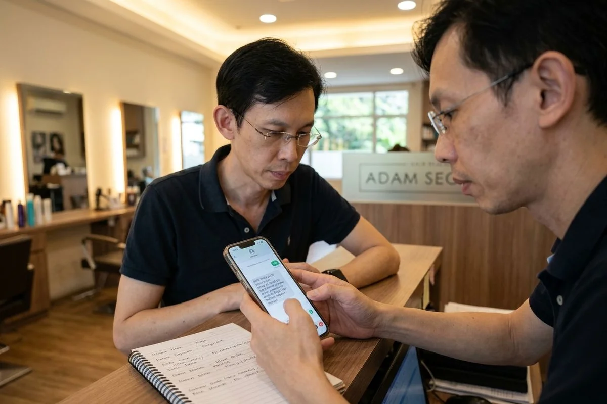 Review velocity campaign showing a WhatsApp review request template being sent to a Malaysian service business customer to earn a five-star Google Business Profile review