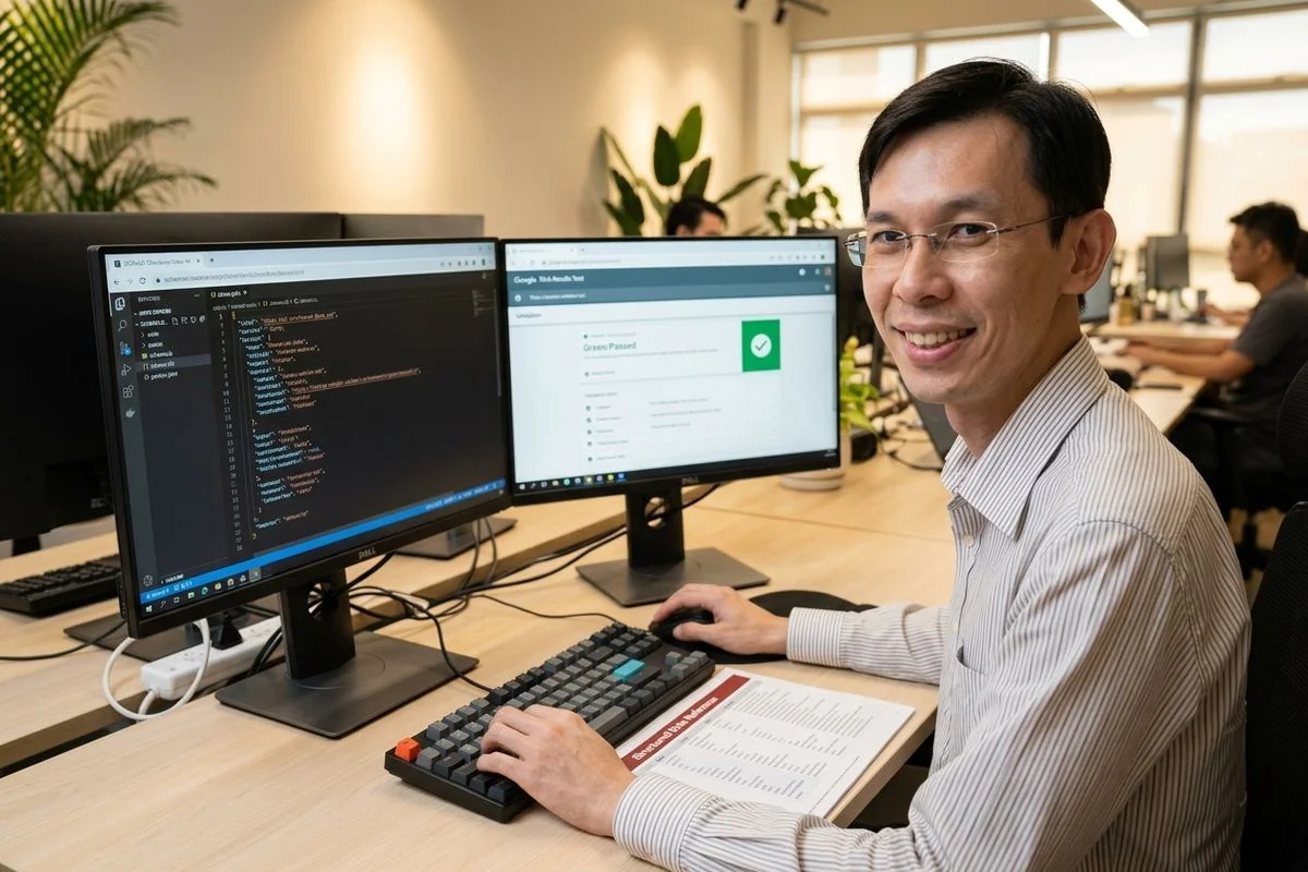 Schema.org validator output showing FAQPage, HowTo, Product, Organization, Person, and Breadcrumb structured data passing rich-result eligibility checks