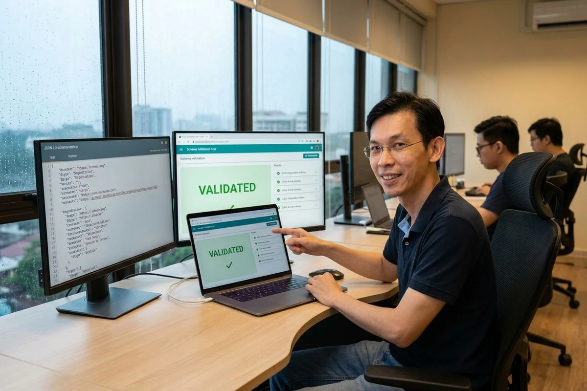 Schema.org validator showing FAQPage, HowTo, Organization, Person, and Product structured data for a Malaysian business website targeting rich results