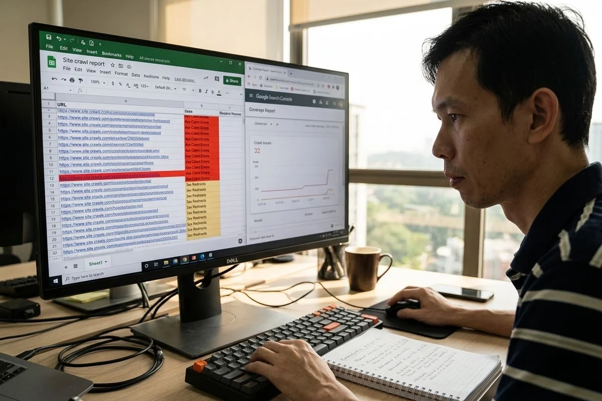 Screaming Frog crawl audit showing index coverage, duplicate content, canonical tag decisions, redirect chains, and broken internal links for a Malaysian website