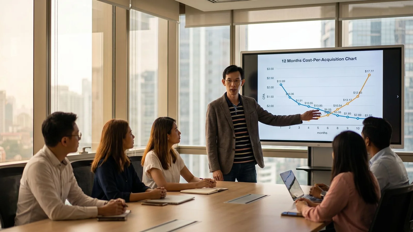 Comparison chart of SEO vs paid ads showing 12-month cost-per-acquisition trajectory for a Malaysian business