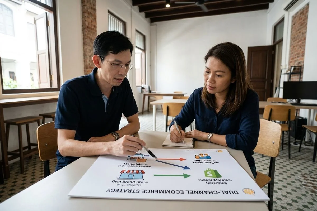 Shopee Lazada marketplace vs own store SEO strategy comparison showing margin structure and brand equity trade-offs for a Malaysian seller on a dual-channel plan