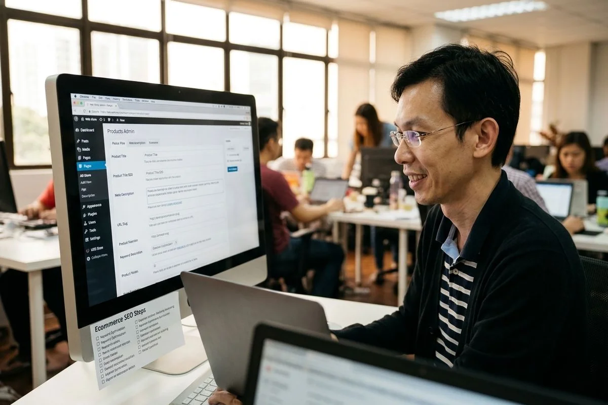 Shopify admin dashboard for a Malaysian store showing product catalogue SEO audit with title, meta description, and alt tag optimisation
