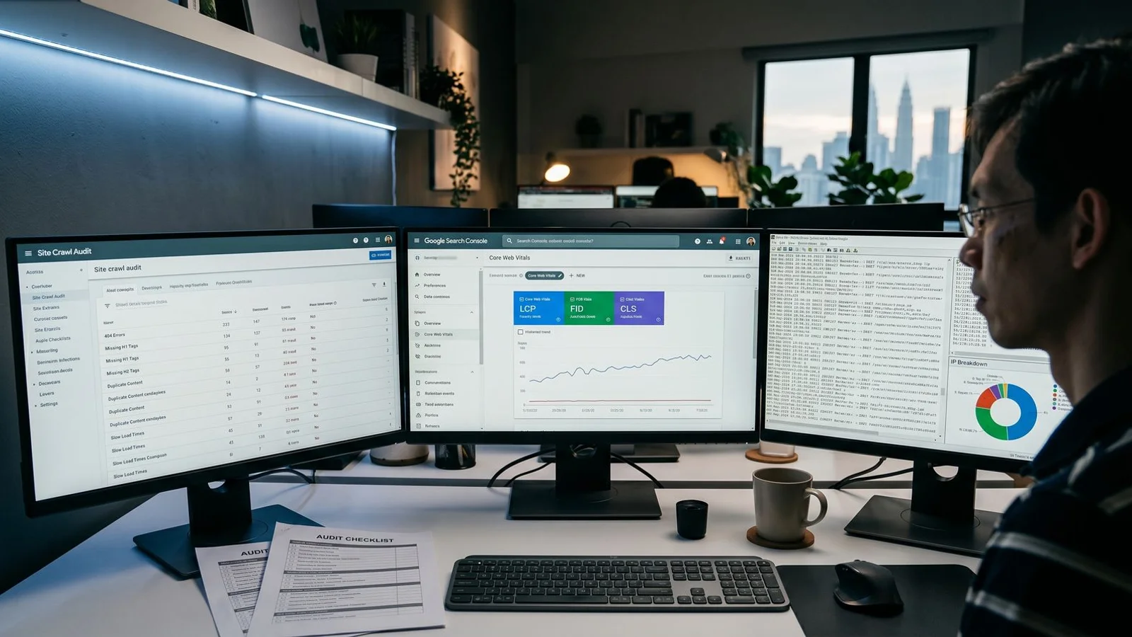 Technical SEO workspace showing Screaming Frog crawl, Core Web Vitals report, and schema validator for a Malaysian website audit