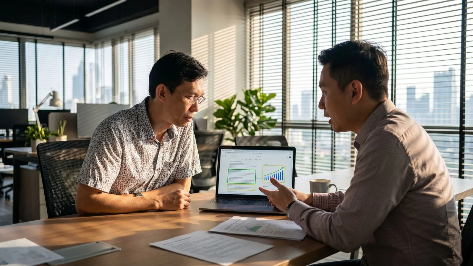 Illustration showing Google search results, a Malaysian business website, and the three pillars of SEO — on-page, off-page, and technical